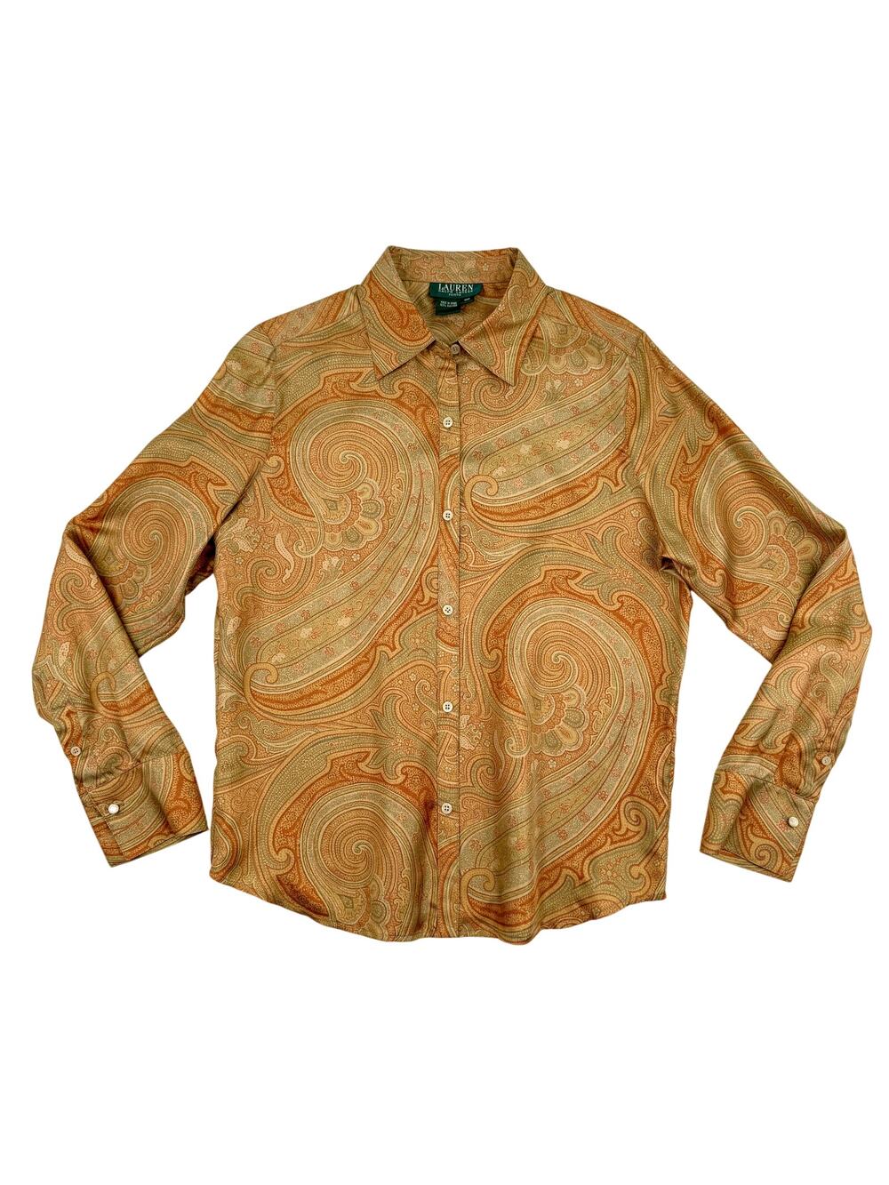Lauren Ralph Lauren Petite 100% Silk Paisley Button Shirt 10P Preppy Heritage
